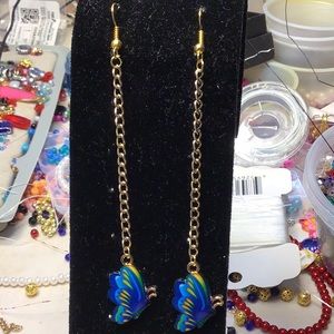 BUTTERFLIES … blue and gold metal earrings     Handcrafted/home made   ... BE-1